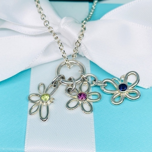 Tiffany & Co.Silver Butterfly dragonfly Flower Gemstone 16" Necklace W/box 925 - Picture 7 of 10